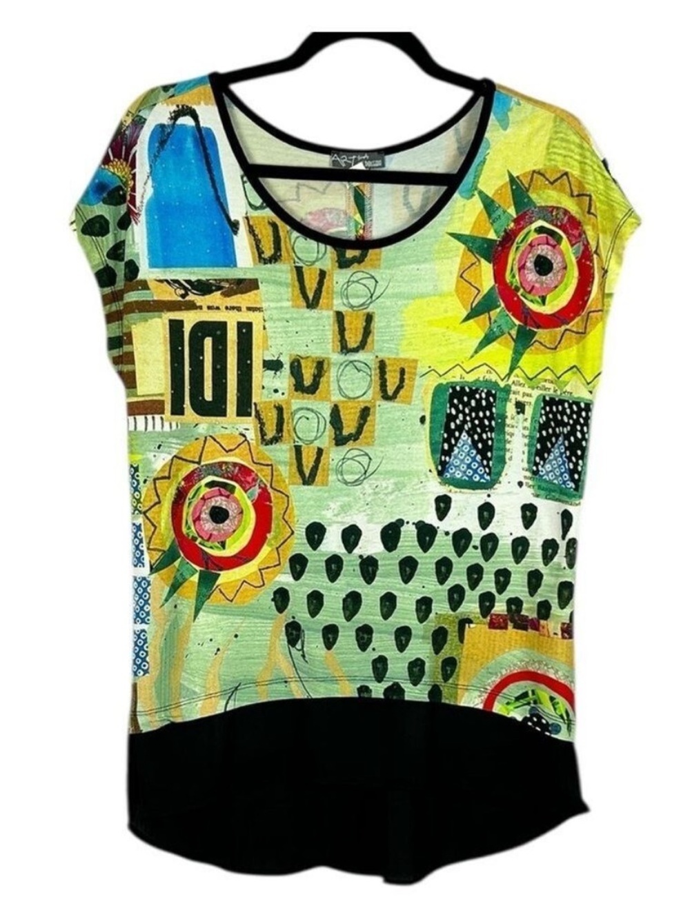 Simply Art By Dolcezza Artsy Short Sleeve Embellished Top Medium Yellow Black